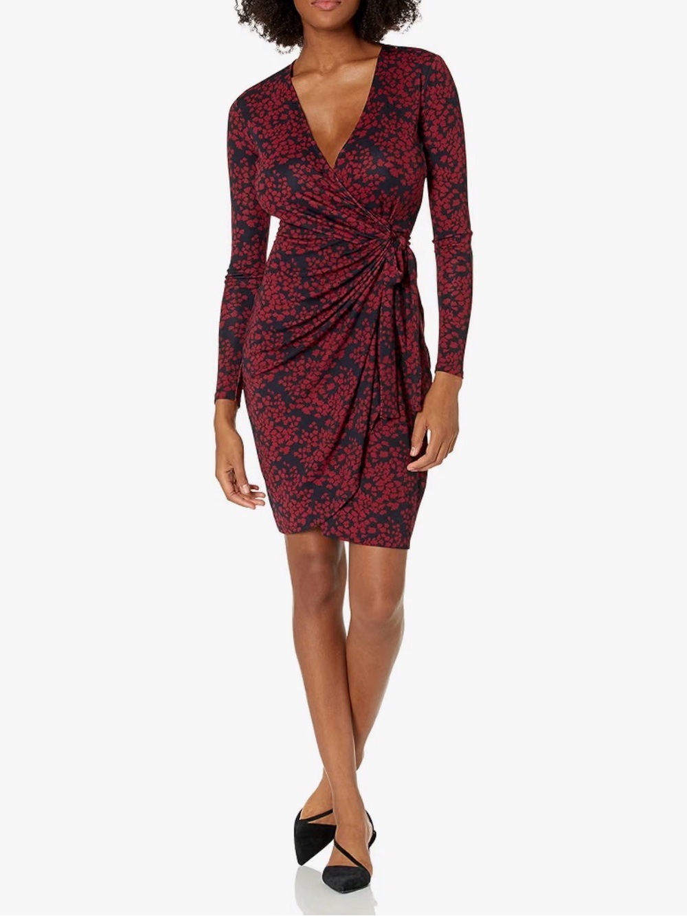 Wrap Dress in Navy with Red Floral Print - Women
